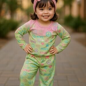 St. Eve Girls Pajama Pants Size Large 10 12 Green Peace Love Hope Pink Blue